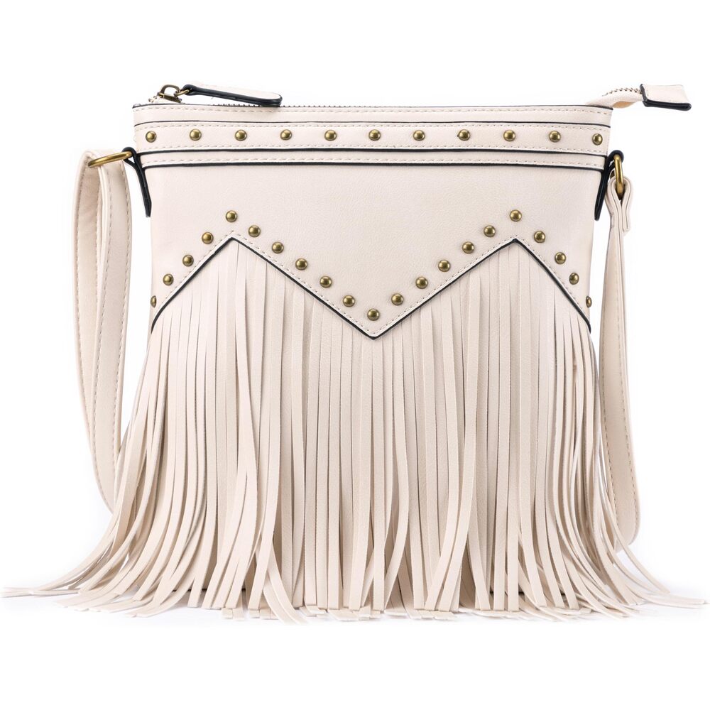 1293 Vegan Fringed Crossbody Bag with Studs Beige